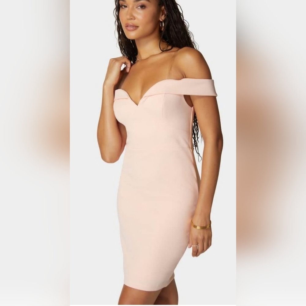 Bebe Off Shoulder Dress In Blush